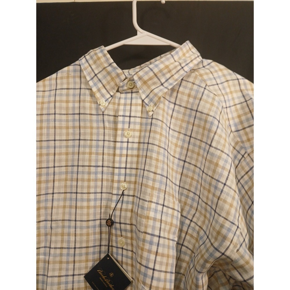 BROOKS BROTHERS Irish Linen Plaid LS Button Down Shirt Sz Xl White/Blue/Tan NEW - Picture 3 of 9